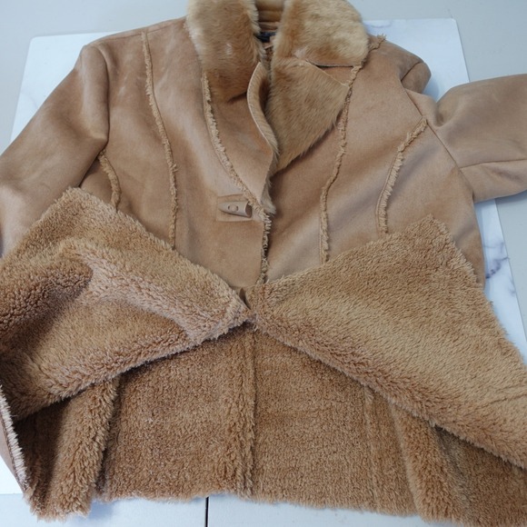 Vtg Penny Lane Faux Suede Shearling Jacket Womens L Tan Honey Toggle Deadstock - Picture 5 of 11